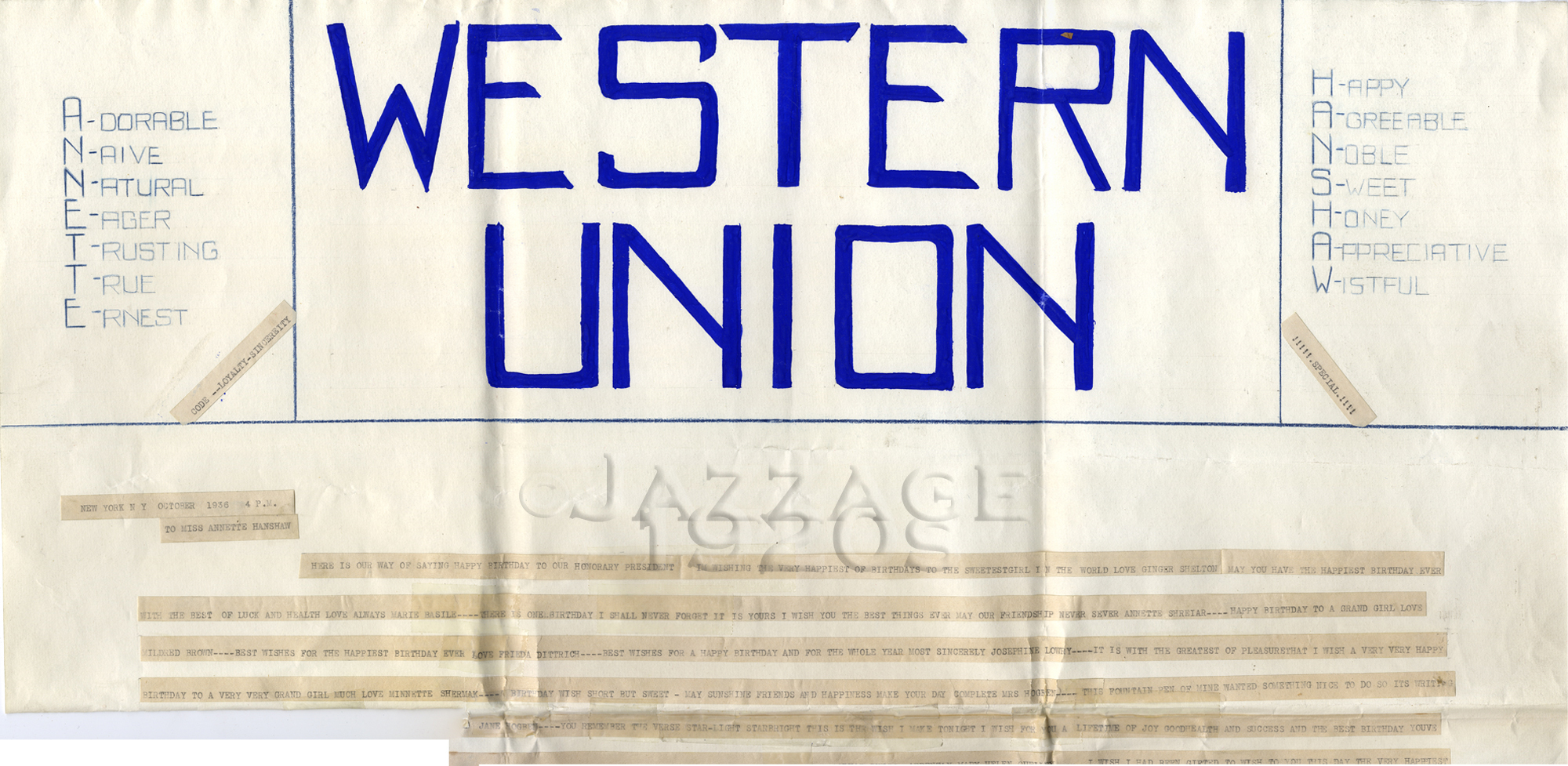 Western Union Telegram (Top) From a Group of Annette’s Fans October 1936