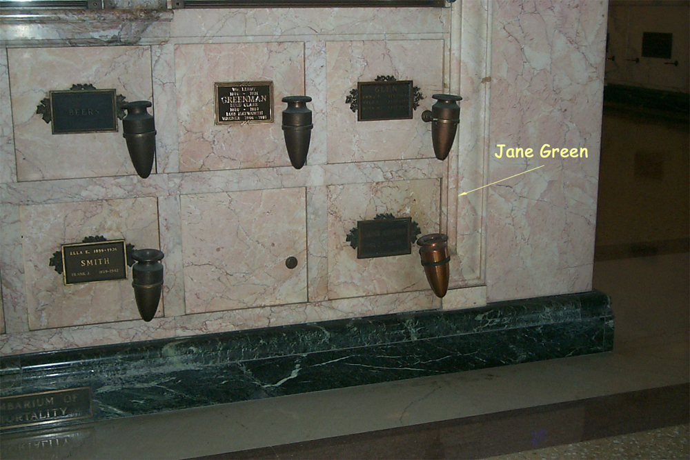 Jane Green Grave - Forest Lawn Cemetary’s Columbarium of Immortality